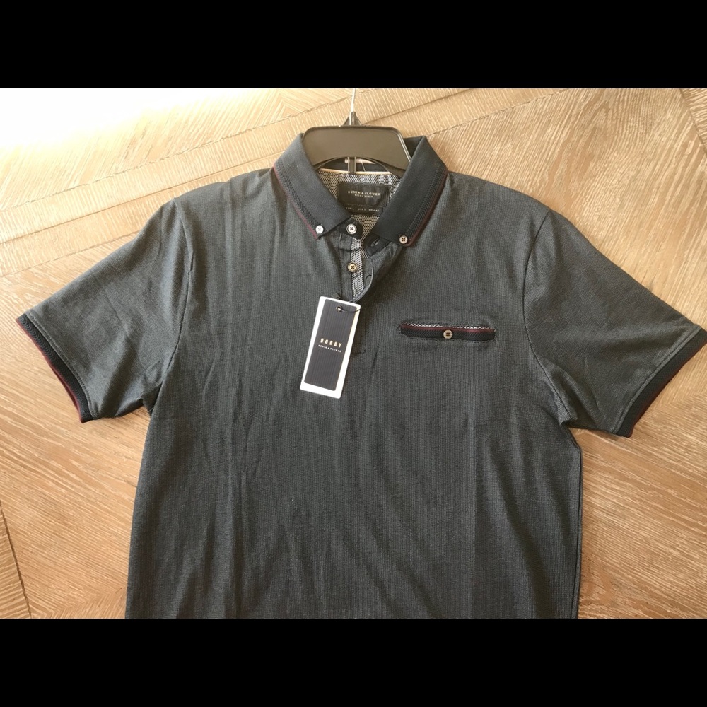 Men’s Dobby Denim & Flower Navy Blue Knit Polo L